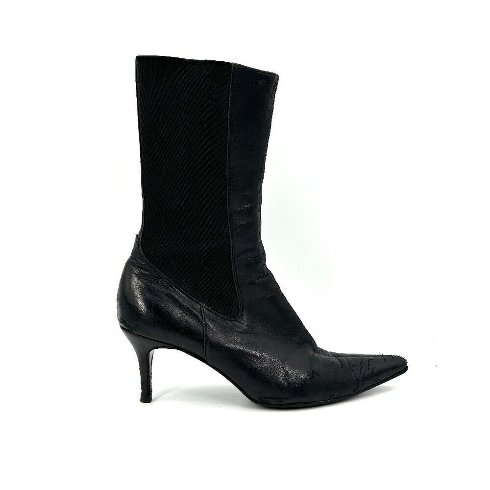 DOLCE & GABBANA *Flawed* Black Leather Pointed Toe Heeled Half Calf Booties 39.5